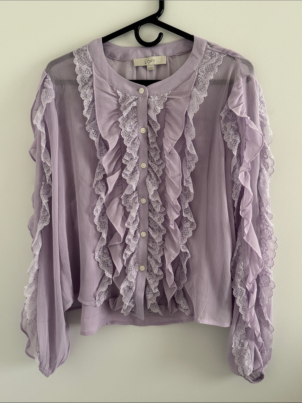 LOFT Lilac Ruffle Lace Button-Front Blouse - Picture 3 of 11